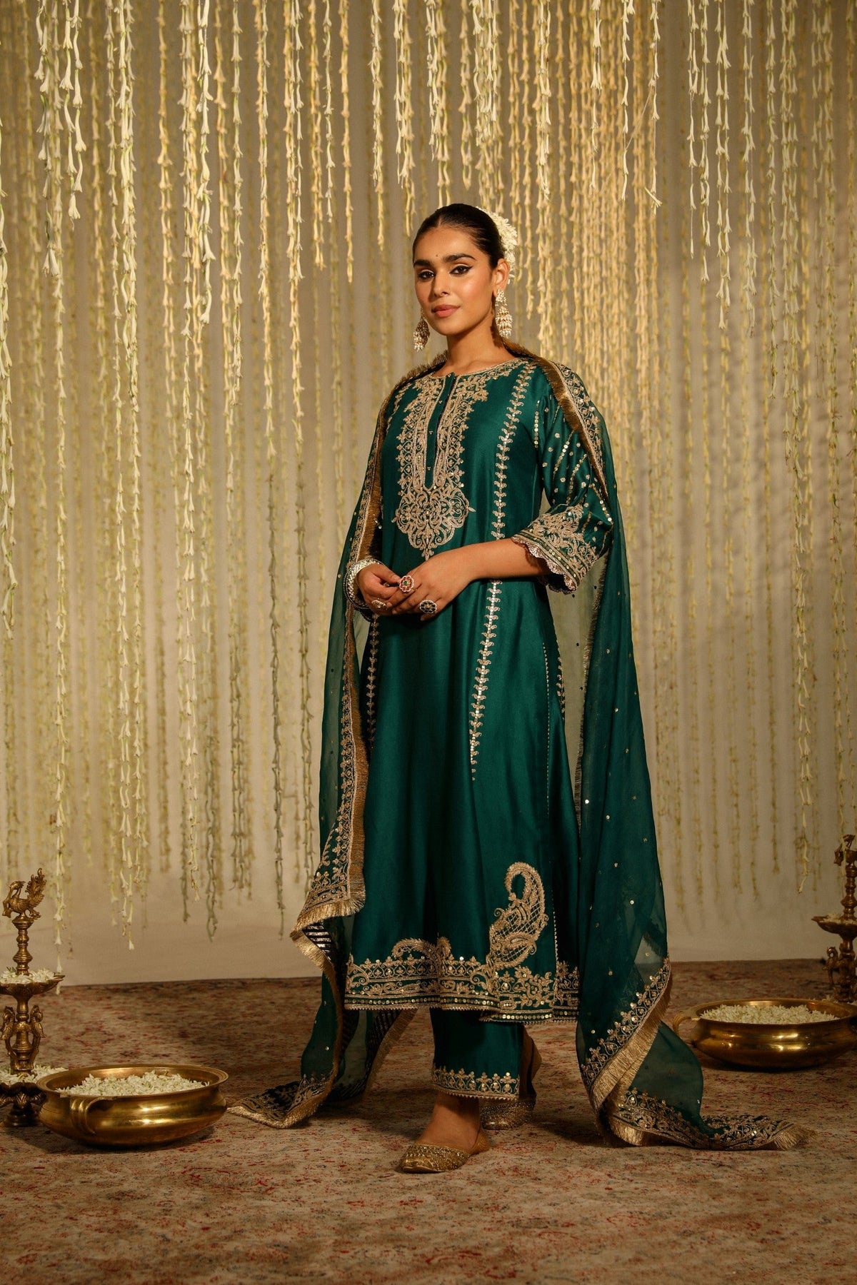 SABIRAH - EMERALD GREEN LONG KURTA WITH PALAZZO AND DUPATTA (LXRTS)