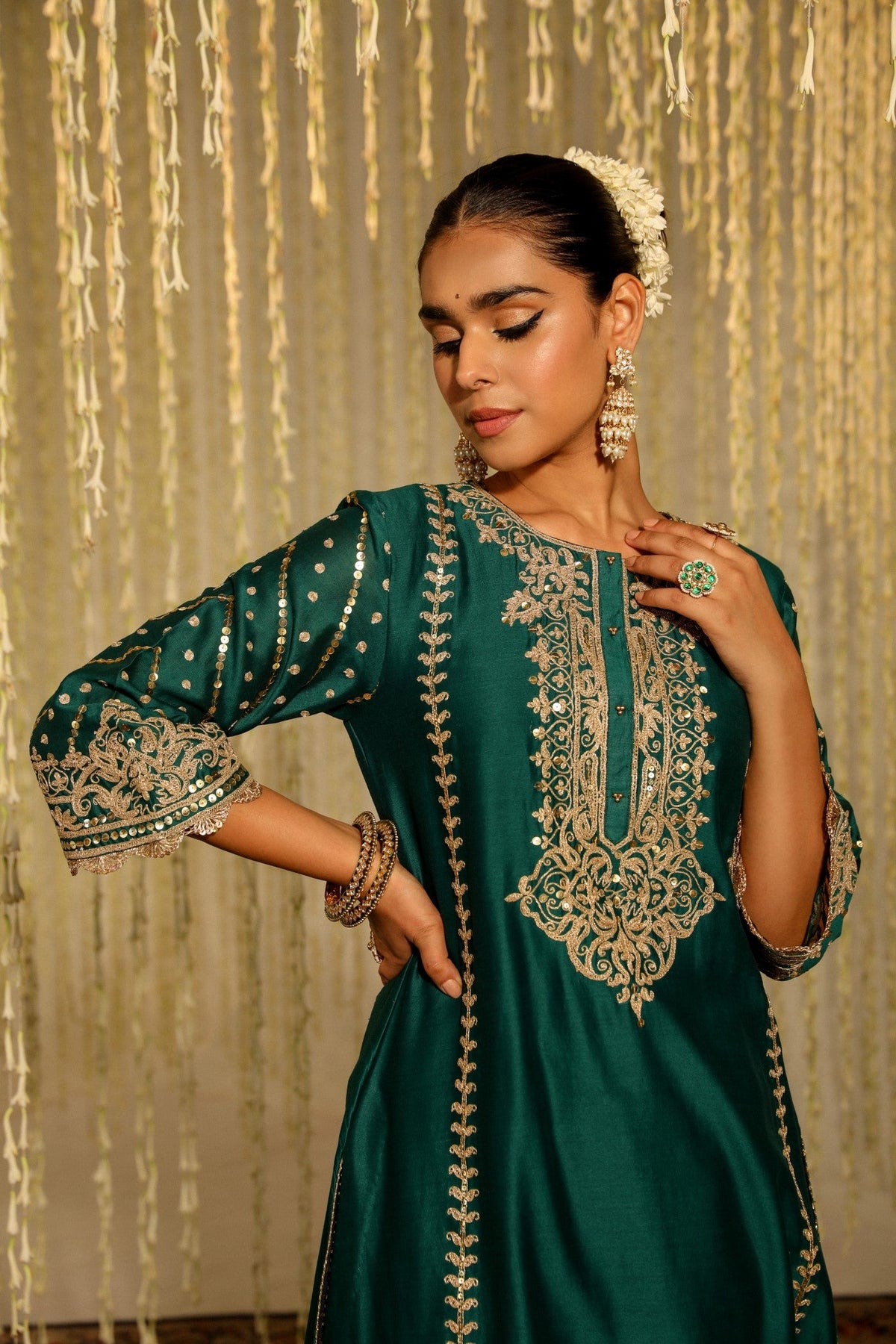 SABIRAH - EMERALD GREEN LONG KURTA WITH PALAZZO AND DUPATTA