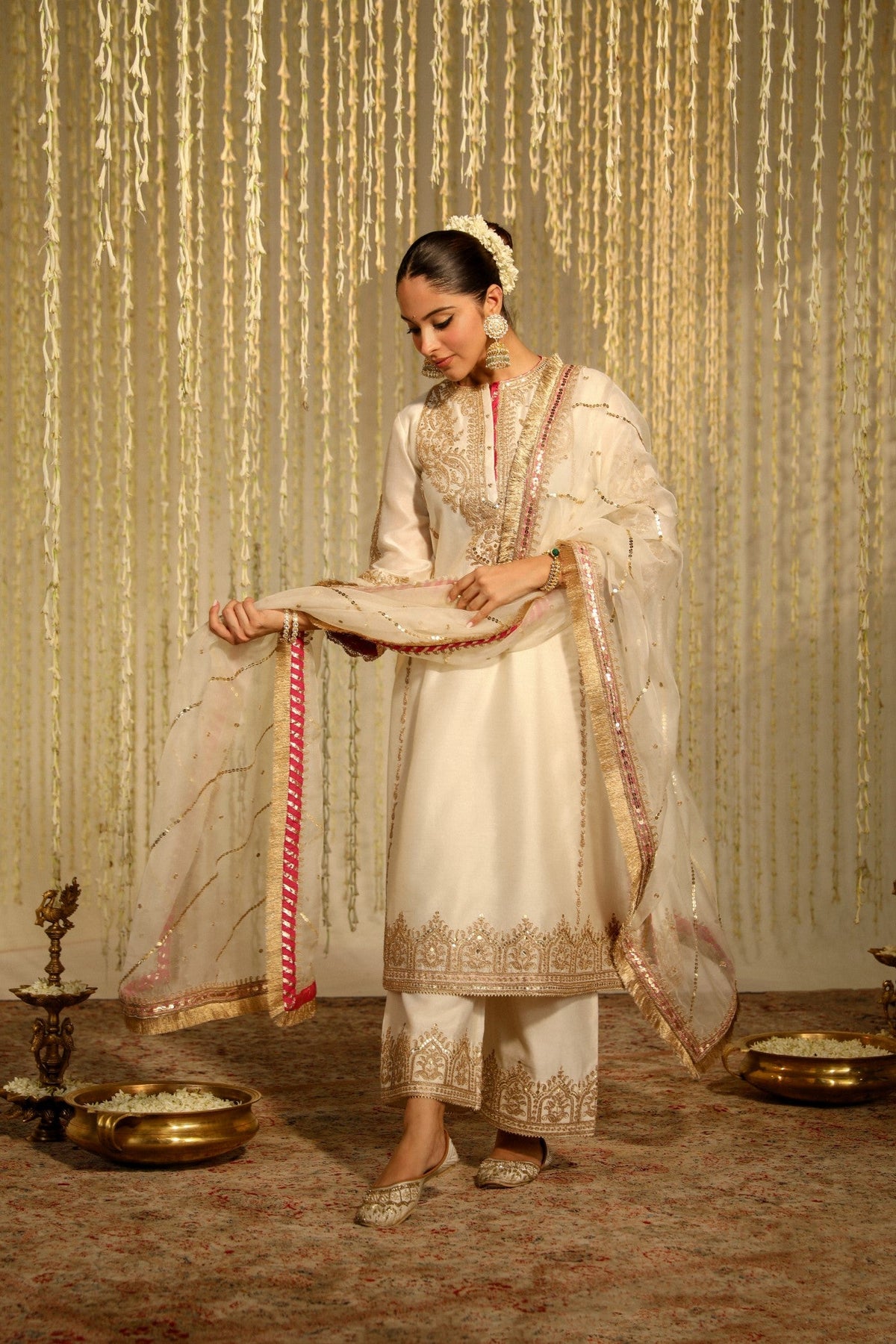 Tarini Bhatia In MAHIKA - DAISY IVORY LONG KURTA WITH PALAZZO AND DUPATTA