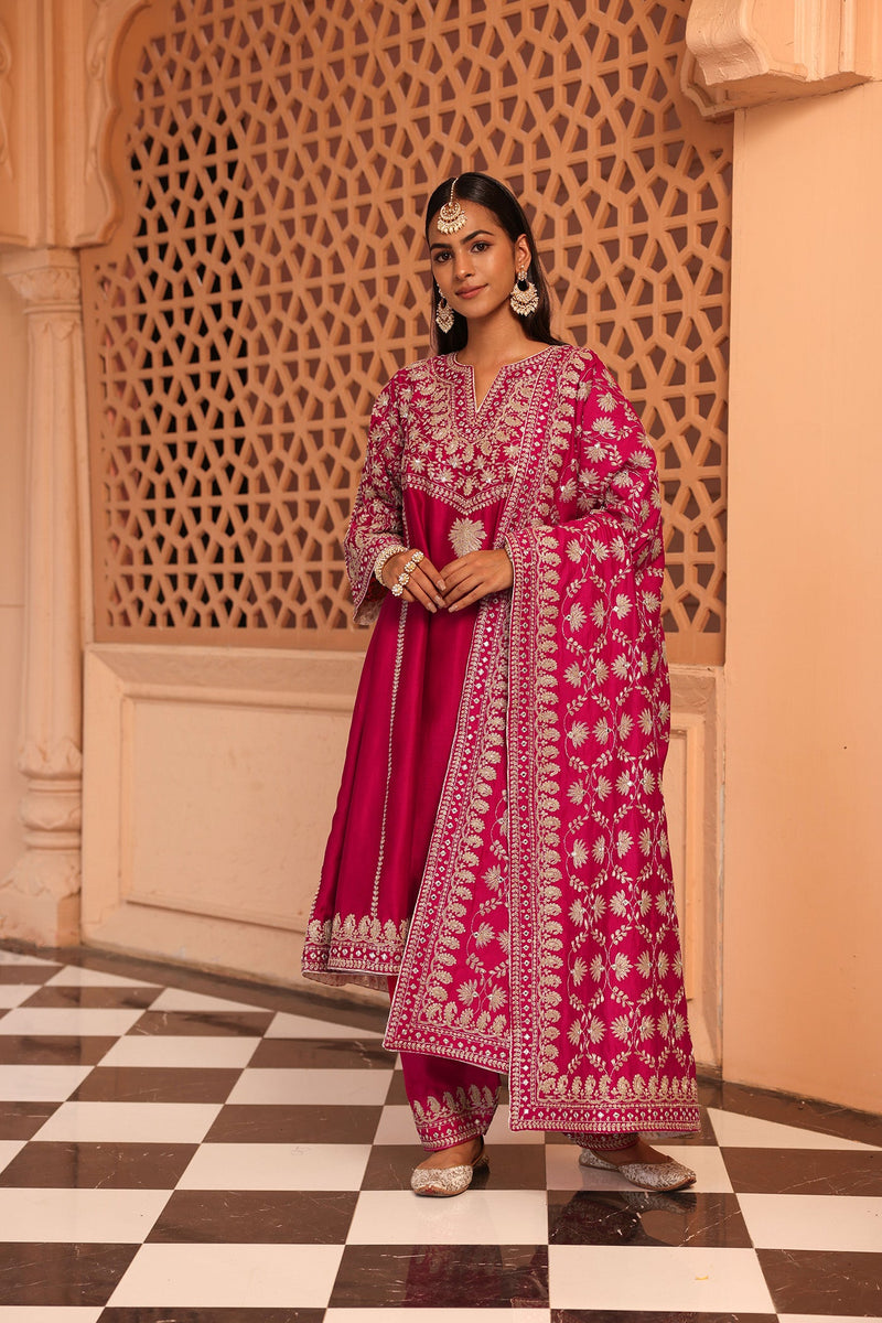 Aiman - Rani Hotpink Short Knee Length Choga with Salwar and Odhni