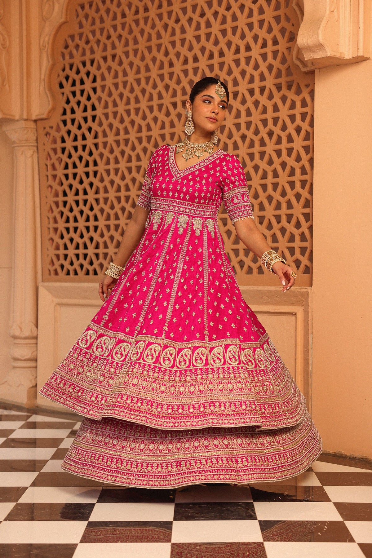 Naila - Rani Hotpink Anarkali with  Lehenga and Dupatta