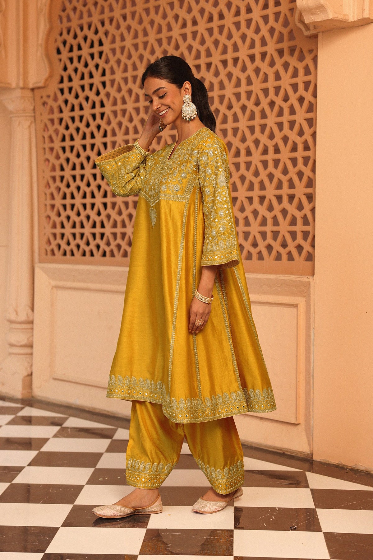 Aiman - Heirloom Mustard Short Knee Length Choga with Salwar