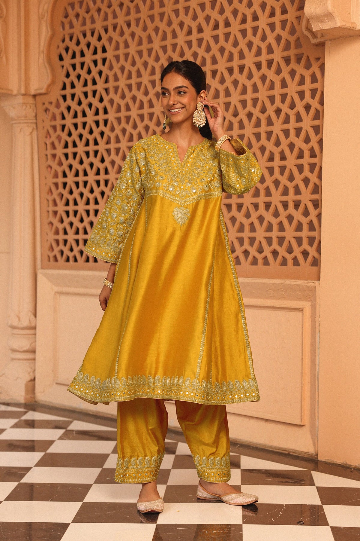 Aiman - Heirloom Mustard Short Knee Length Choga with Salwar and Odhni