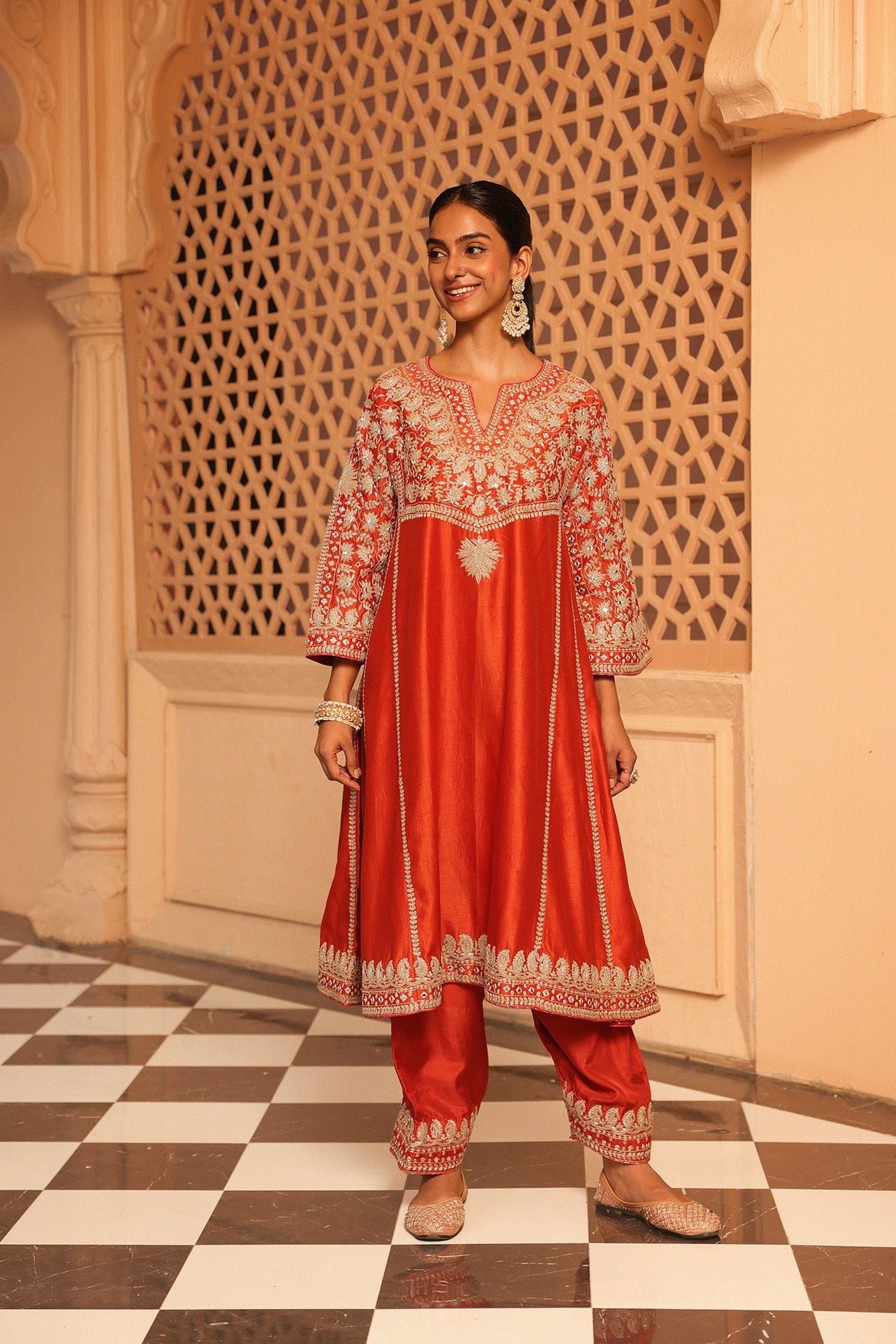 Aiman - Burnt Orange Short Knee Length Choga with Salwar and Khada Dupatta