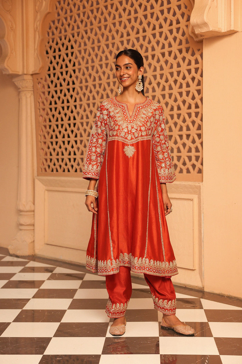Aiman - Burnt Orange Short Knee Length Choga with Salwar and Khada Dupatta