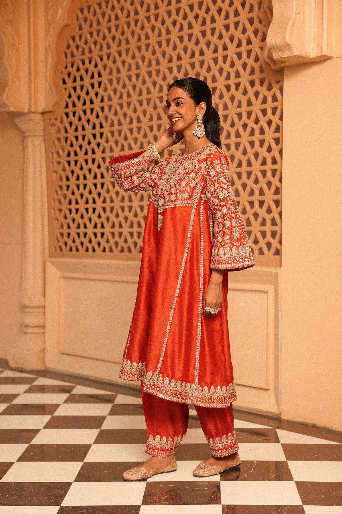 Simran Rajpal In Aiman - Burnt Orange Short Knee Length Choga with Salwar and Odhni