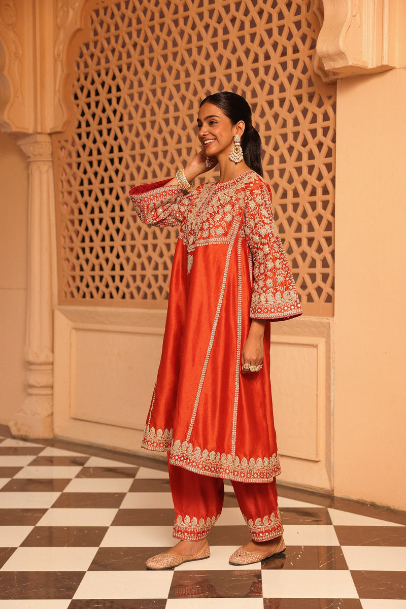 Aiman - Burnt Orange Short Knee Length Choga with Salwar