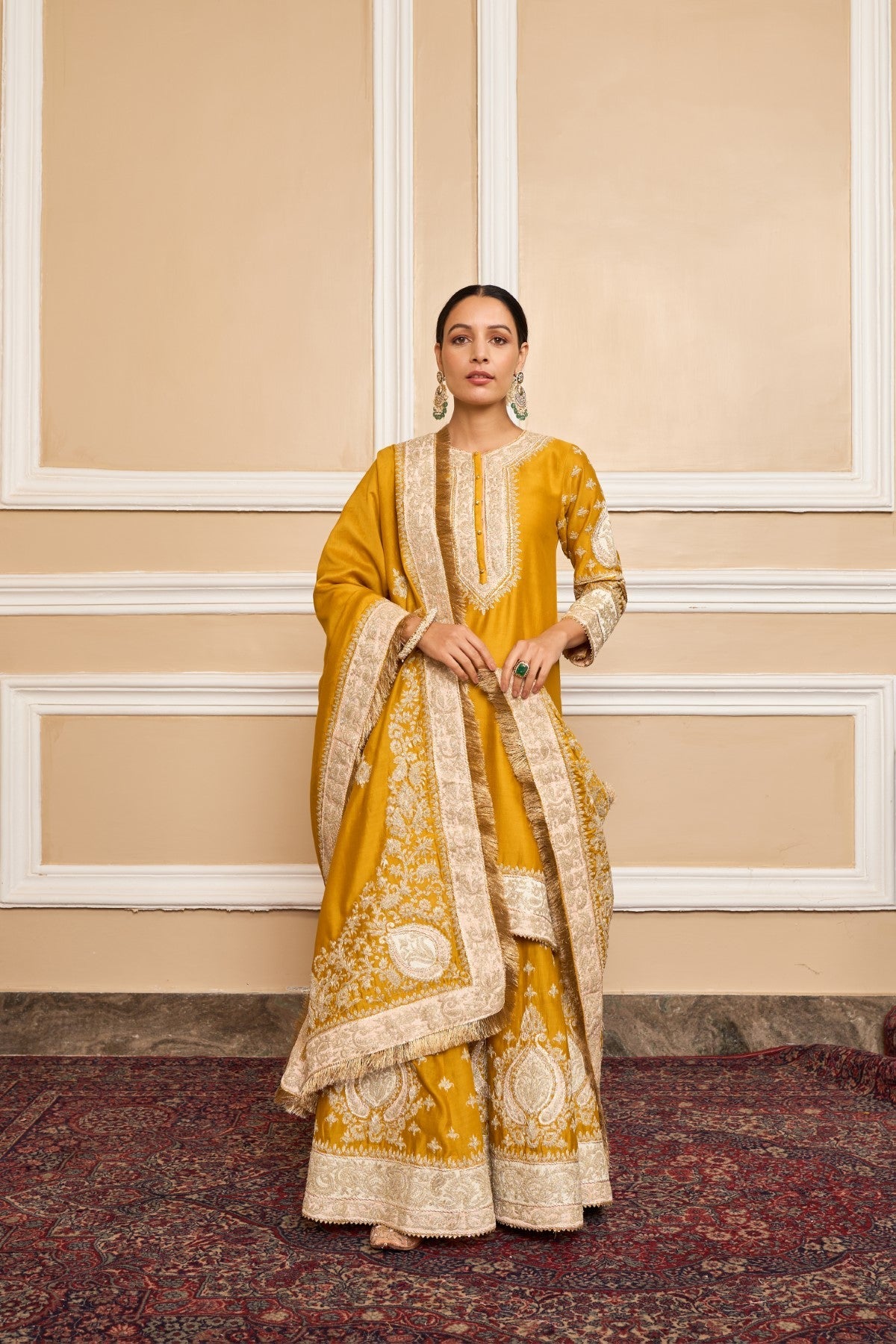 Aashi Wadhwa In RAINA - Glaze Mustard SHORT KURTA WITH SHARARA AND ODHNI