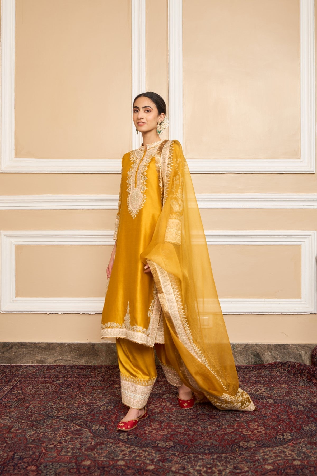 RESHAM - Glaze Mustard SHORT KURTA WITH SALWAR AND DUPATTA