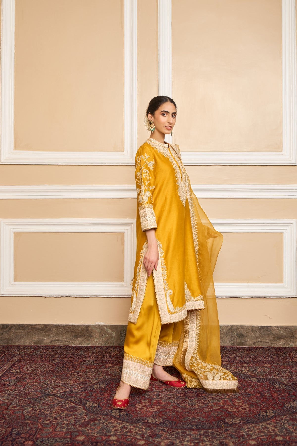 RUBINA DILAIK IN RESHAM - Glaze Mustard SHORT KURTA WITH SALWAR AND DUPATTA