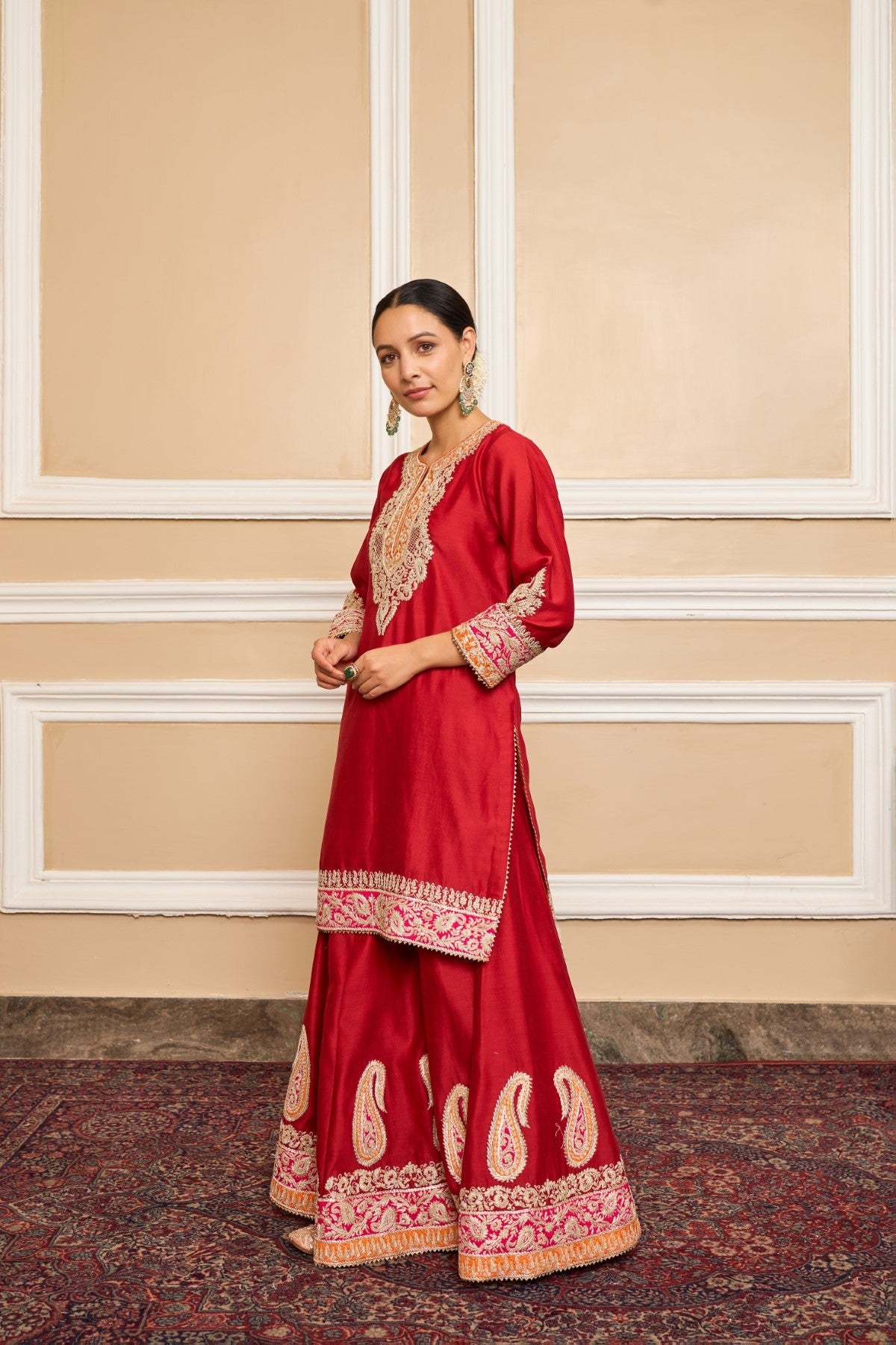 AMIRA - DEEP RED SHORT KURTA WITH SHARARA AND ODHNI