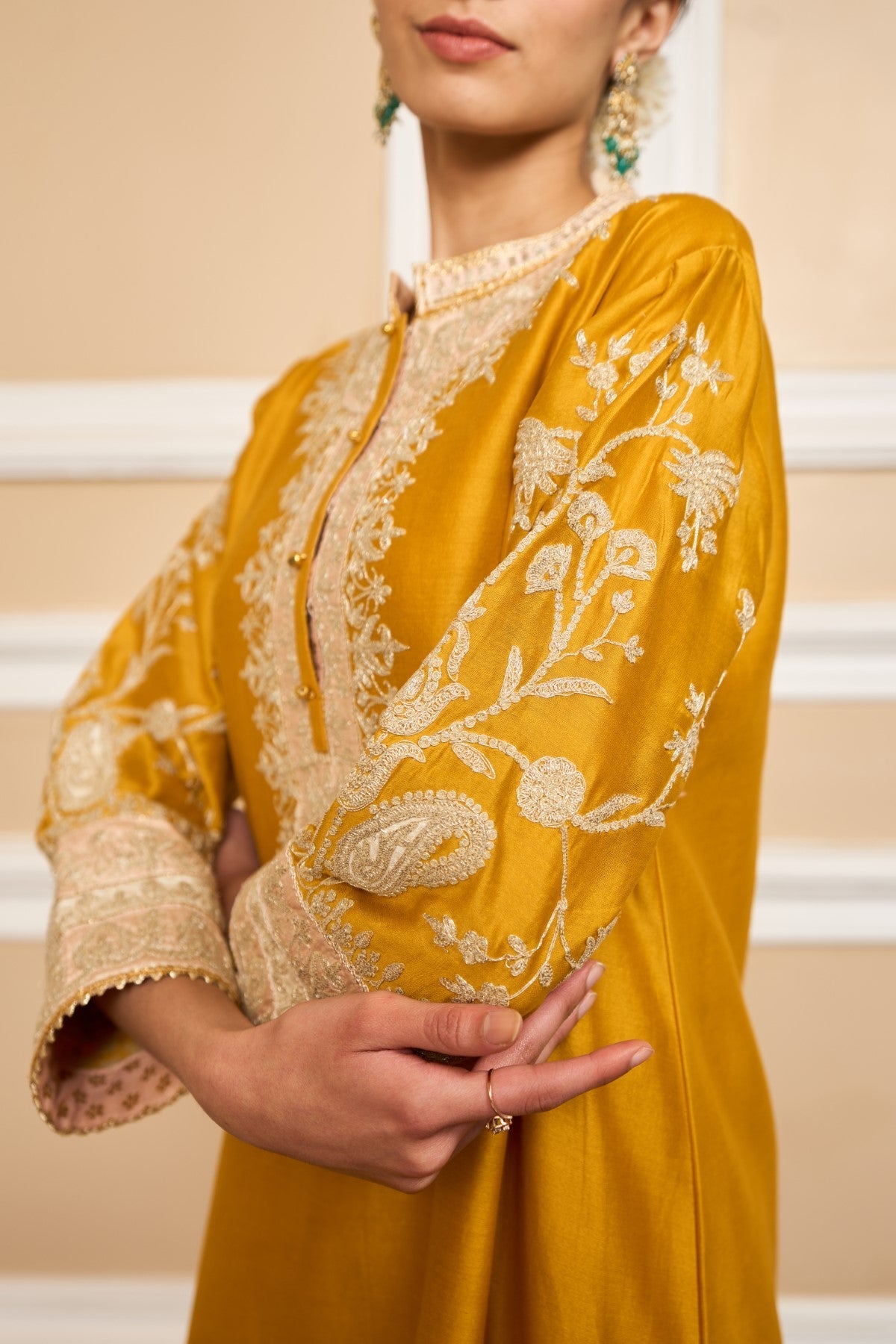 RUBINA DILAIK IN RESHAM - Glaze Mustard SHORT KURTA WITH SALWAR AND DUPATTA