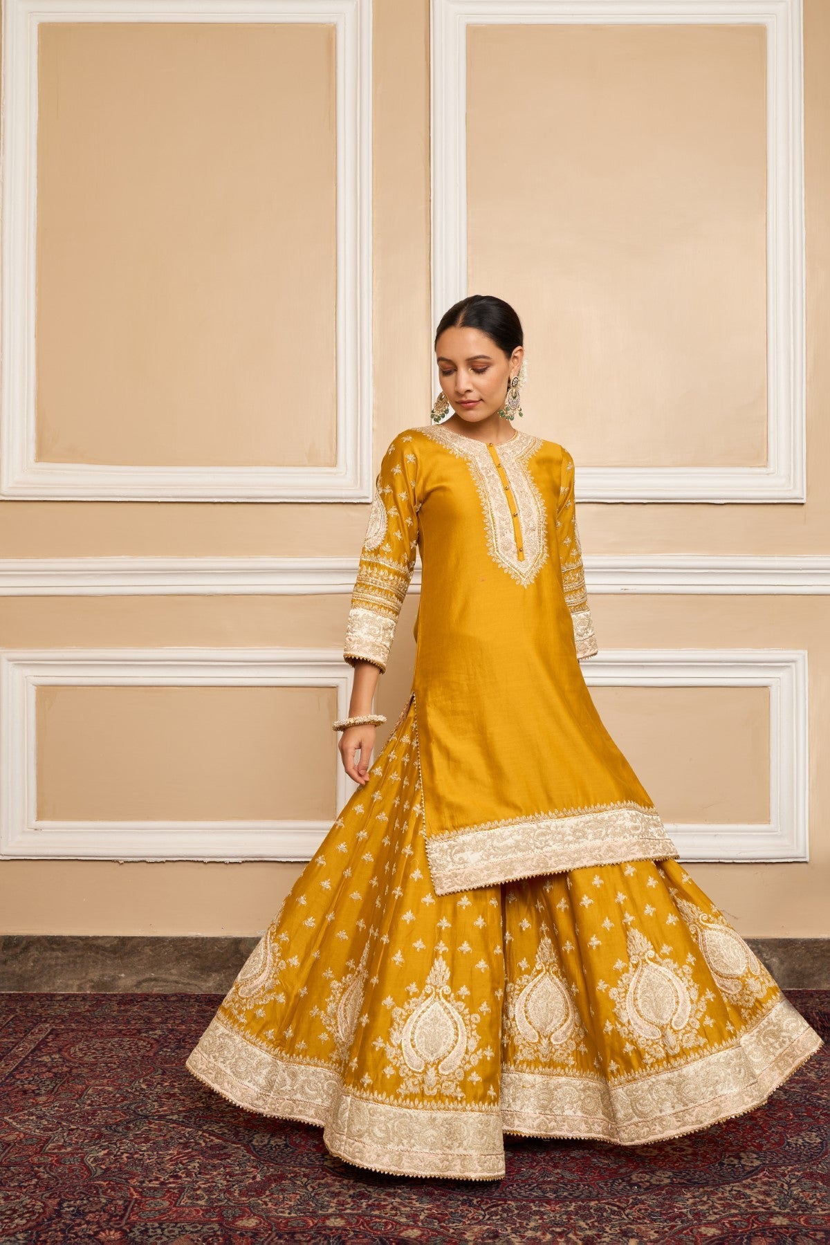 Aashi Wadhwa In RAINA - Glaze Mustard SHORT KURTA WITH SHARARA AND ODHNI