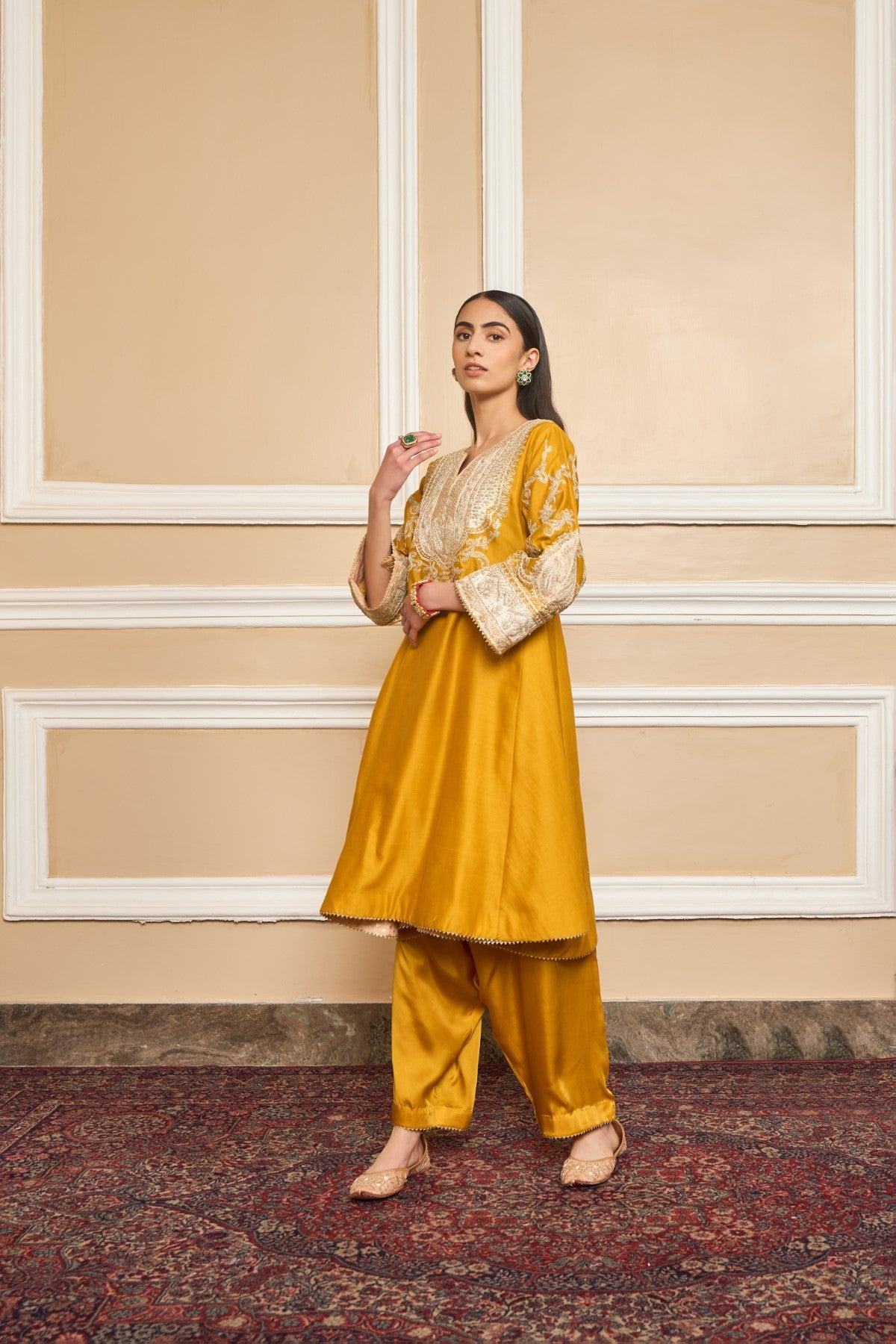 Anushka Mehra IN MOHSINA - Glaze Mustard SHORT KALIDAAR CHOGA WITH SALWAR