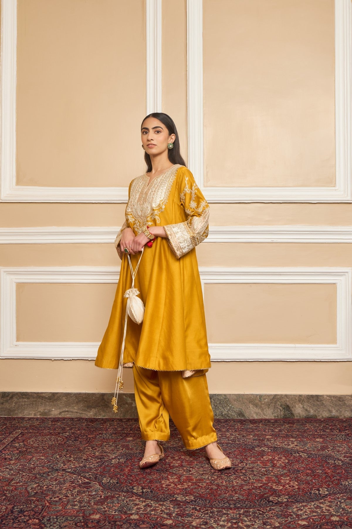 Sharvari In MOHSINA - Glaze Mustard SHORT KALIDAAR CHOGA WITH SALWAR