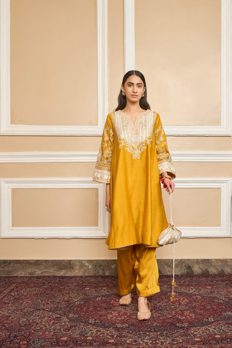 SHRADDHA GURUNG IN MOHSINA - Glaze Mustard SHORT KALIDAAR CHOGA WITH SALWAR