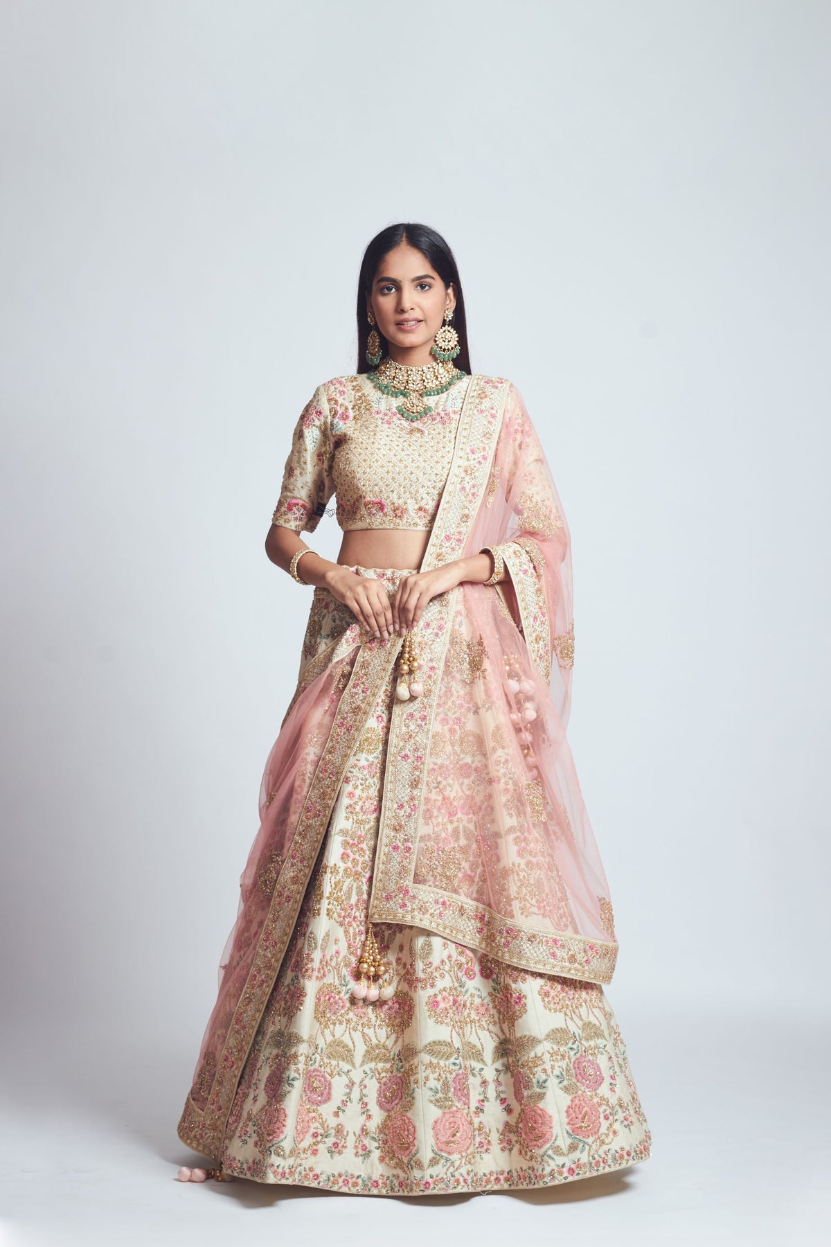 Parinaaz- Daisy Ivory & Blush Pink parsi & dabka zardozi embroidered lehenga