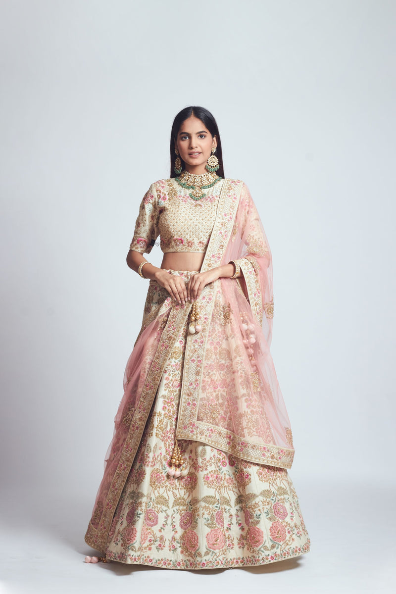 Parinaaz- Daisy Ivory & Blush Pink parsi & dabka zardozi embroidered lehenga