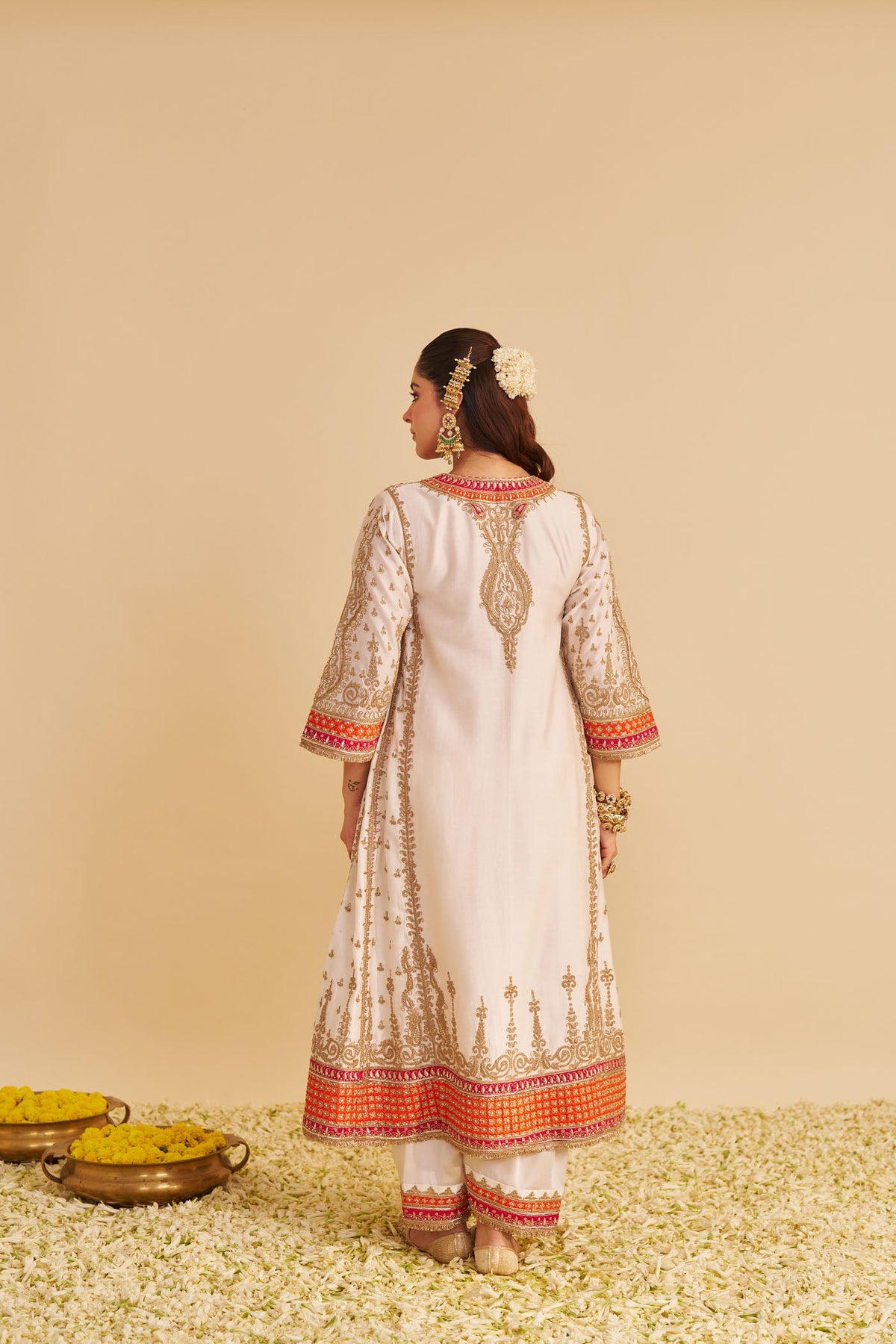 Nargis - Dabka Zardozi Embroidered Rich Banarasi Kalidaar Daisy Ivory Long Chauga Set