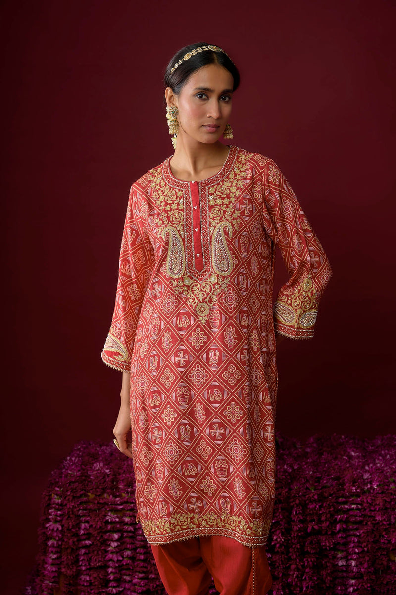 Rafiyah - Deep Red Short Kurta With Dhoti