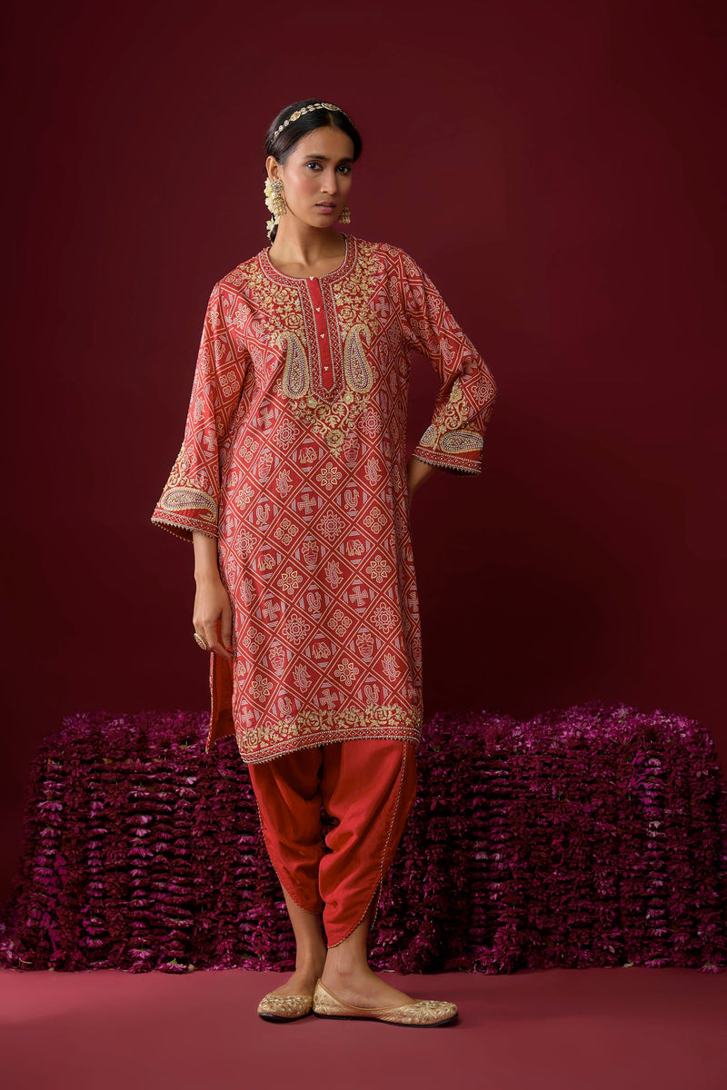 Rafiyah - Deep Red Short Kurta With Dhoti (RTS)
