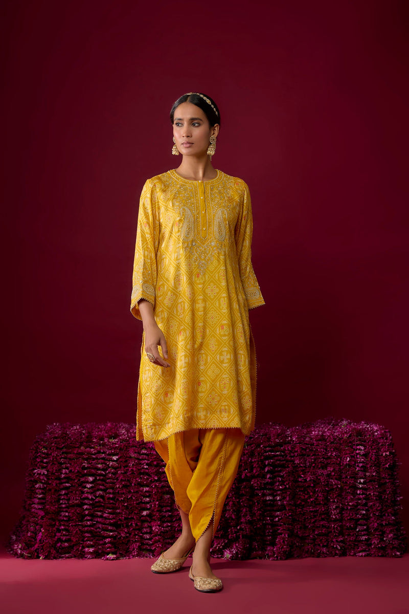 Rafiyah - Mustard Short Kurta With Dhoti
