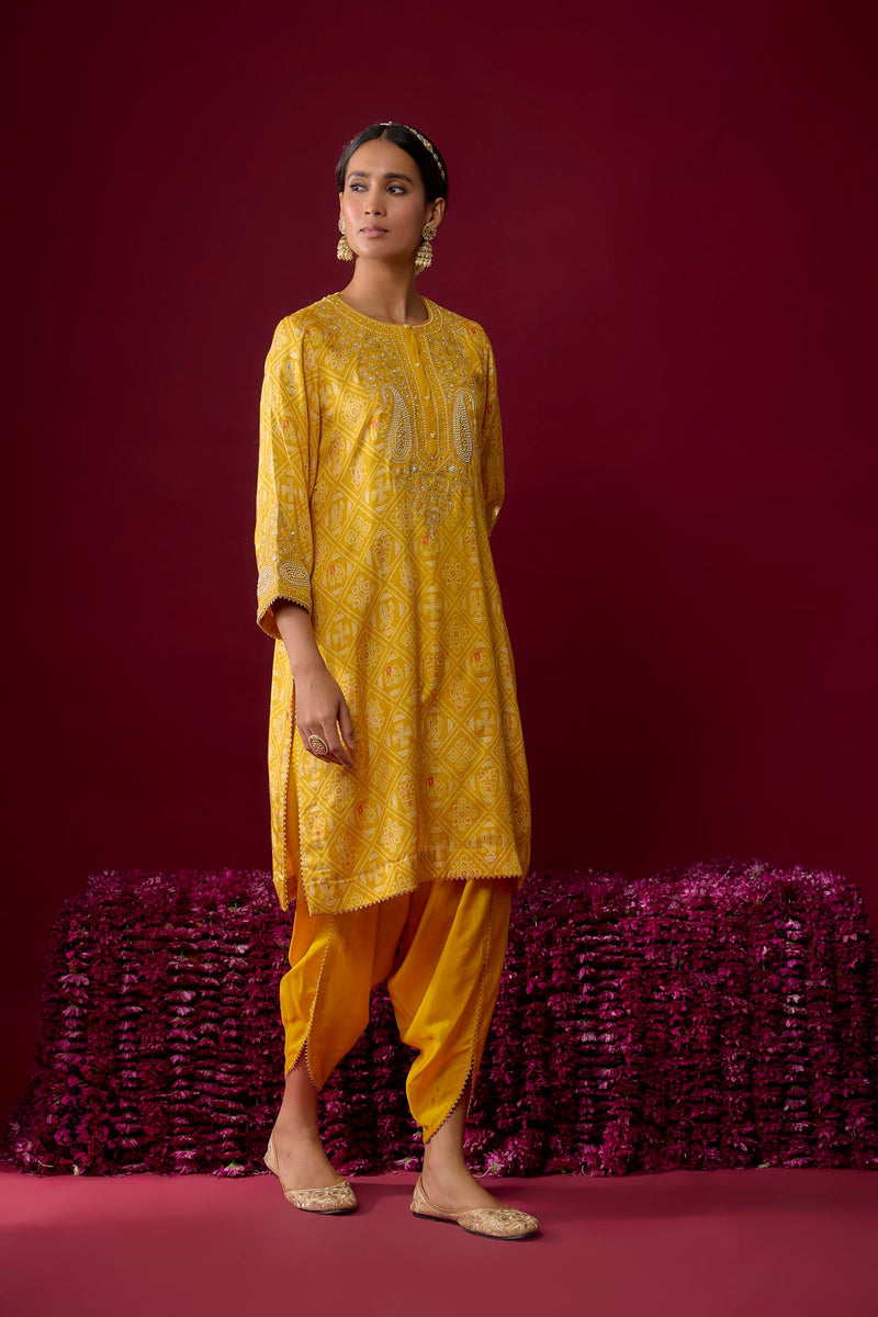 Rafiyah - Mustard Short Kurta With Dhoti
