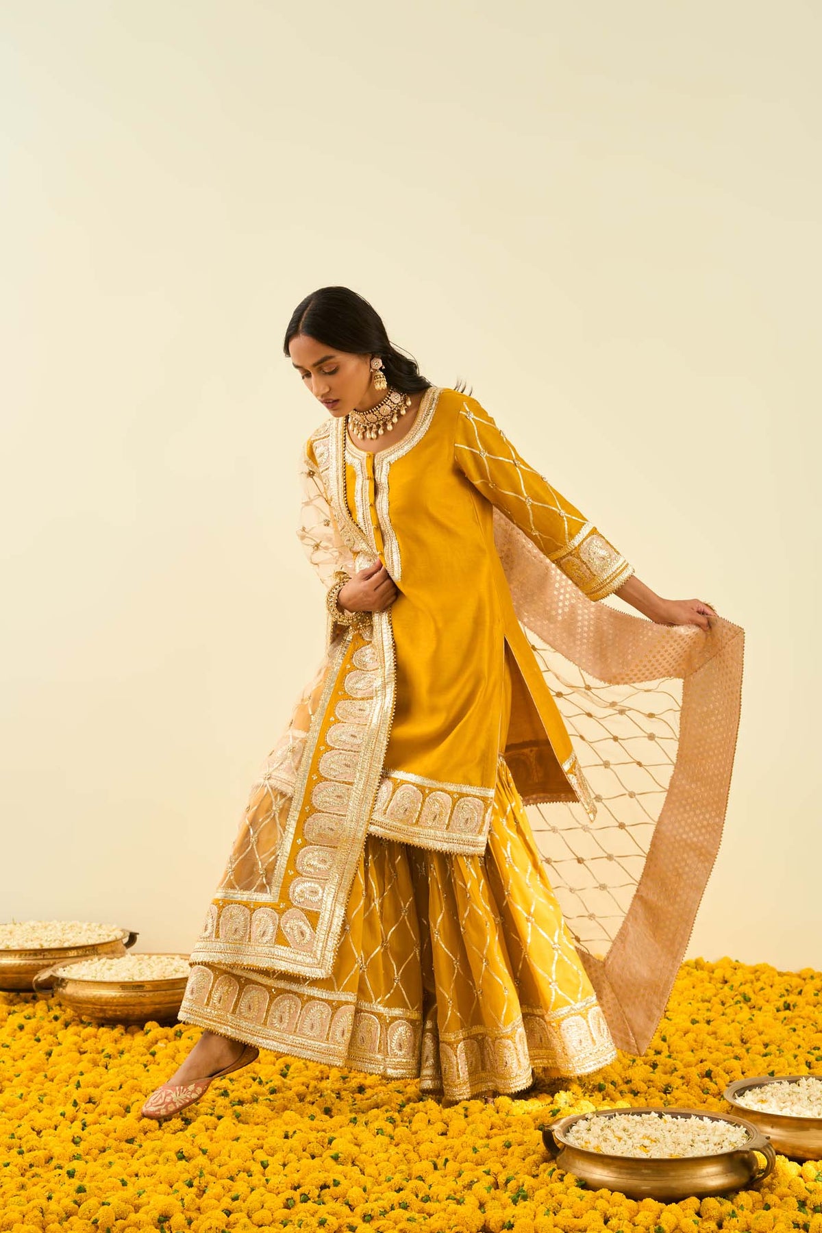Heena Bhalla IN Shabina- Heirloom Mustard short kurta with garara and dupatta
