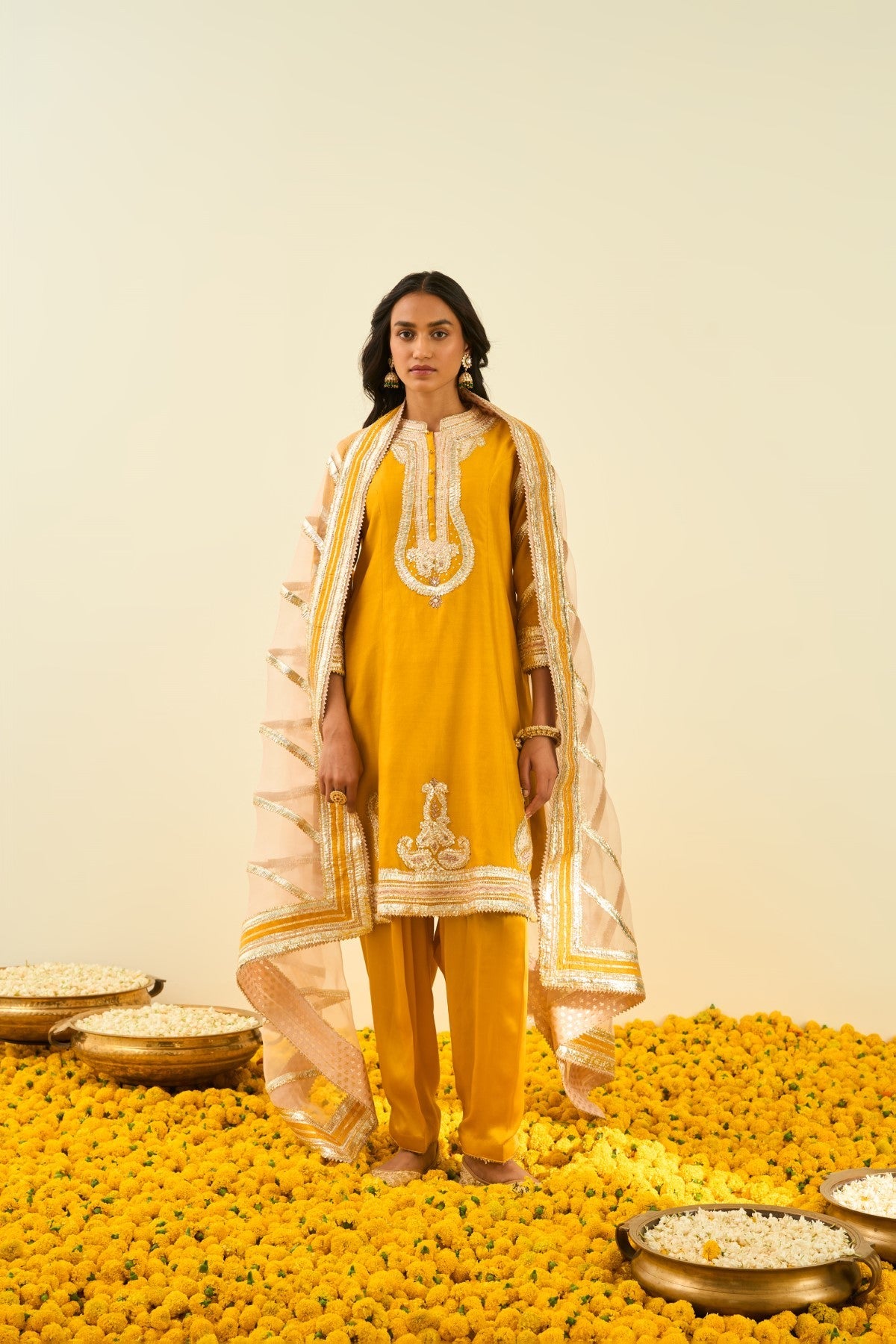 Sadiyah- Glaze Mustard Princess Cut Kurta with Salwar and Dupatta