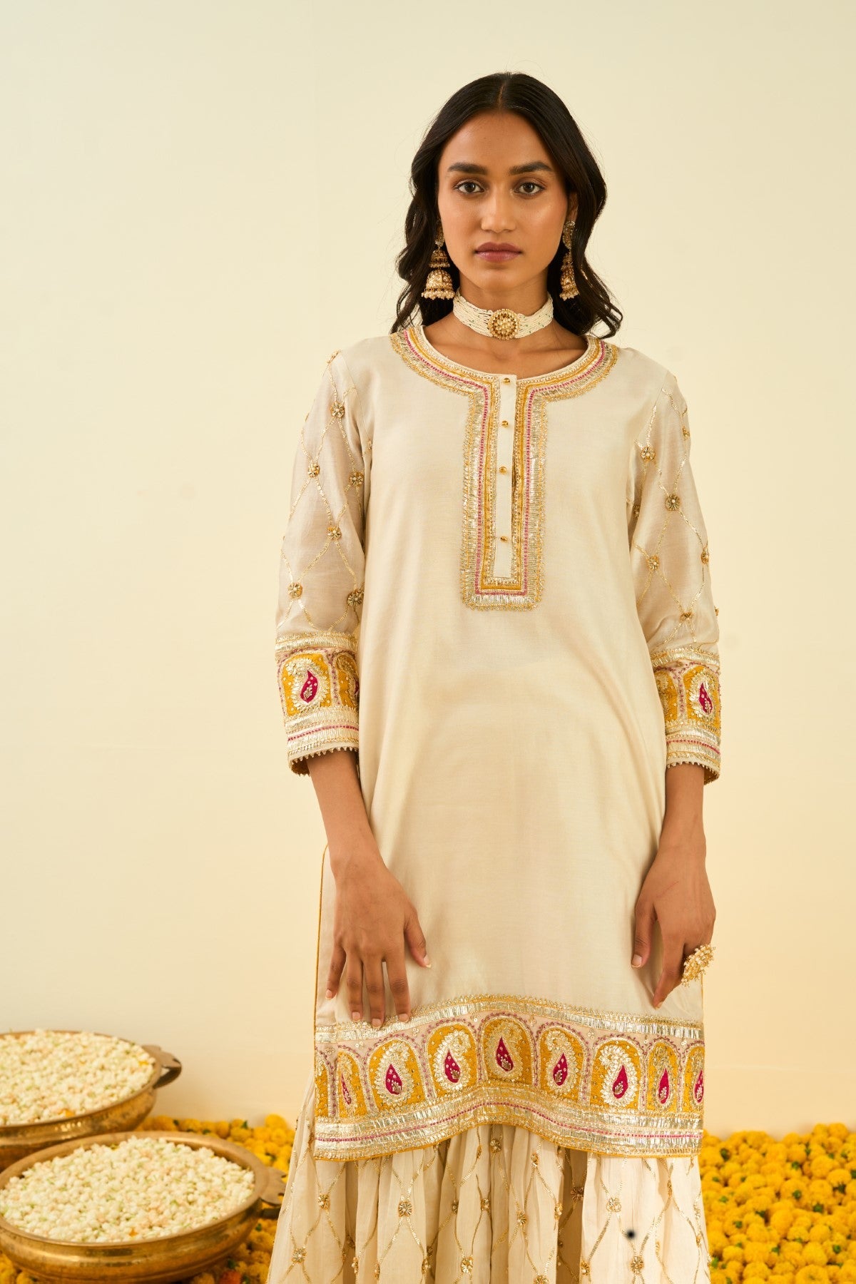 Shabina- Daisy Ivory  short kurta with garara and dupatta