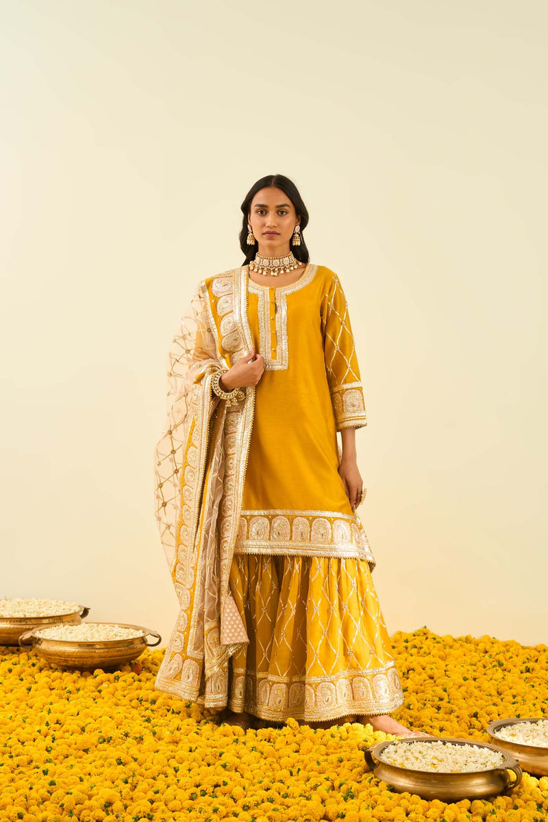 Shabina- Glaze Mustard short kurta with garara and dupatta