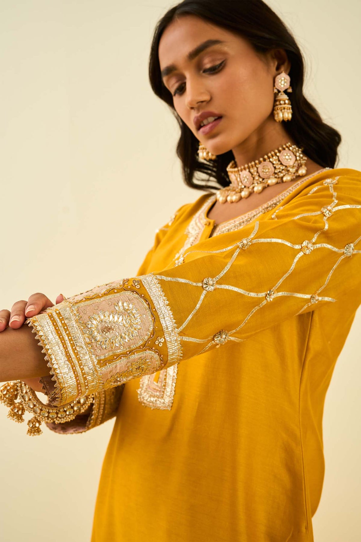 Heena Bhalla IN Shabina- Heirloom Mustard short kurta with garara and dupatta