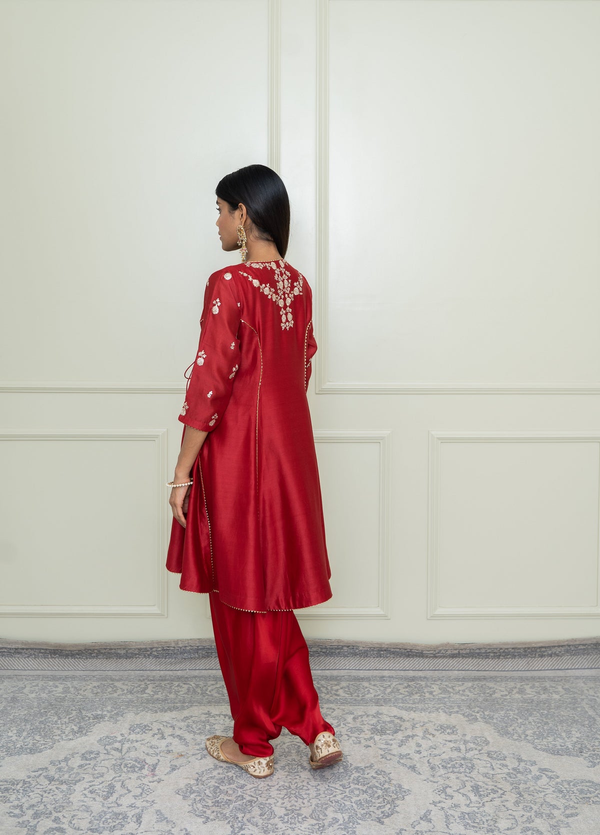 Shafira-Scarlet Red Tilla Embroidered Angrakha Kurta Set
