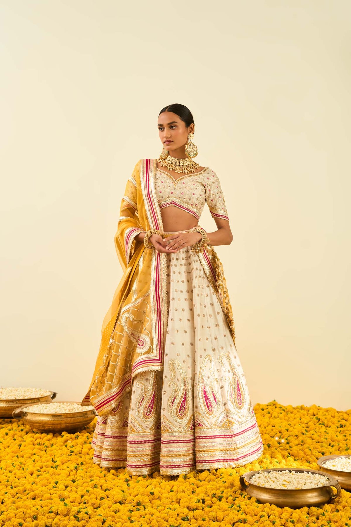 Shahnaz Daisy Ivory lehenga with blouse and dupatta