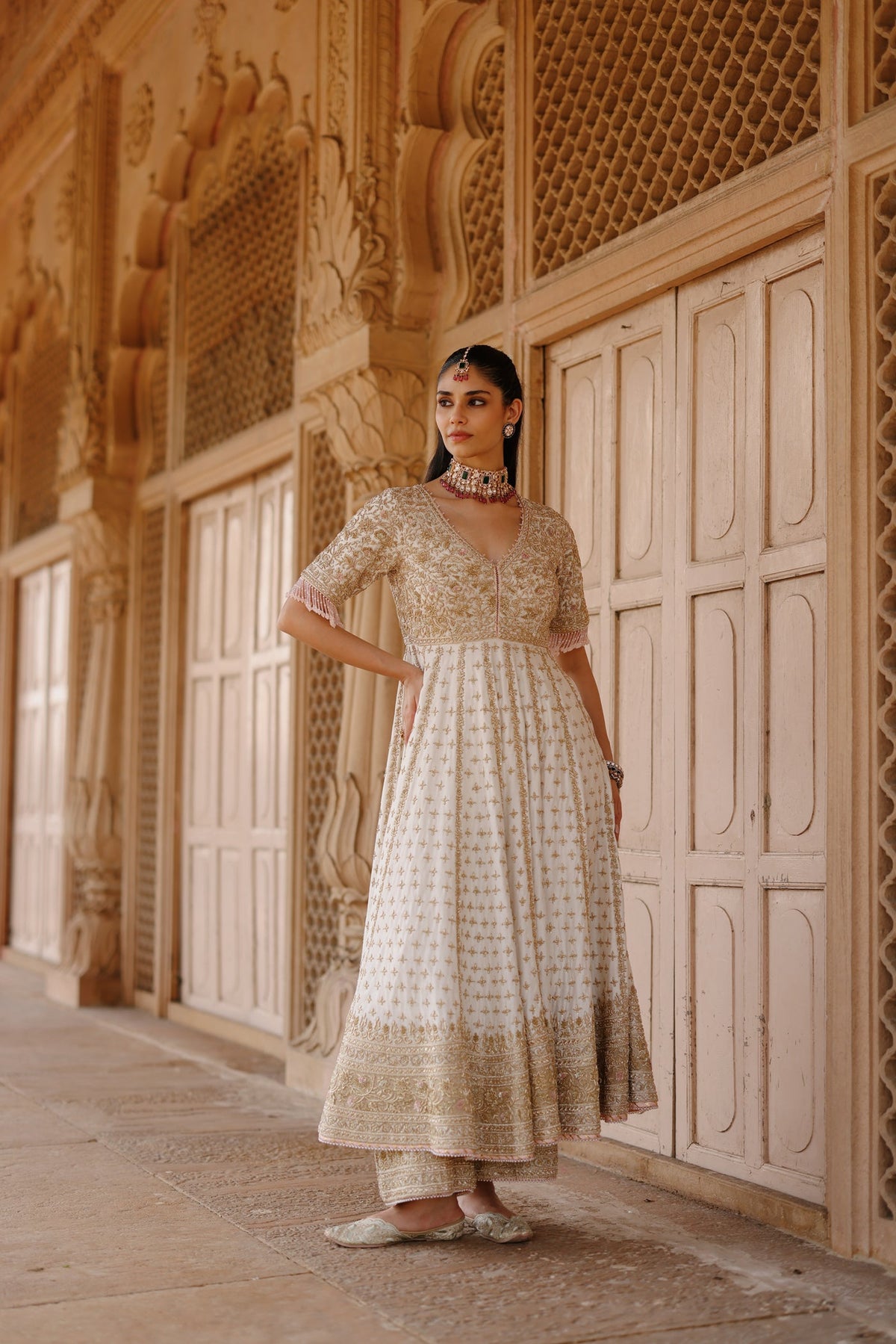 Nafees  - Daisy Ivory Kalidaar Anarkali Set with Palazzo & Dupatta
