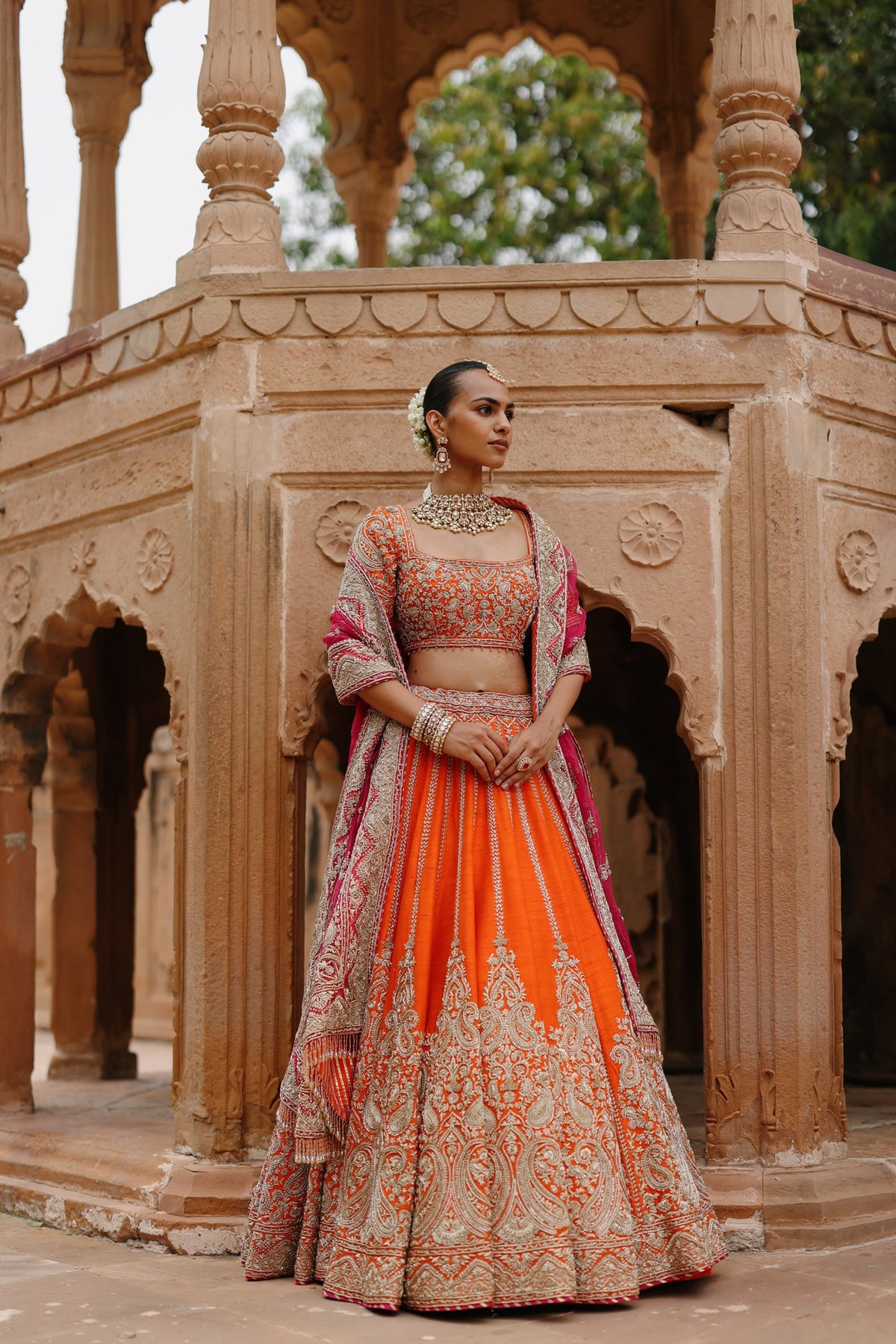Nagma  - Orange Lehenga Set with Blouse & Rani Hot Pink Dupatta