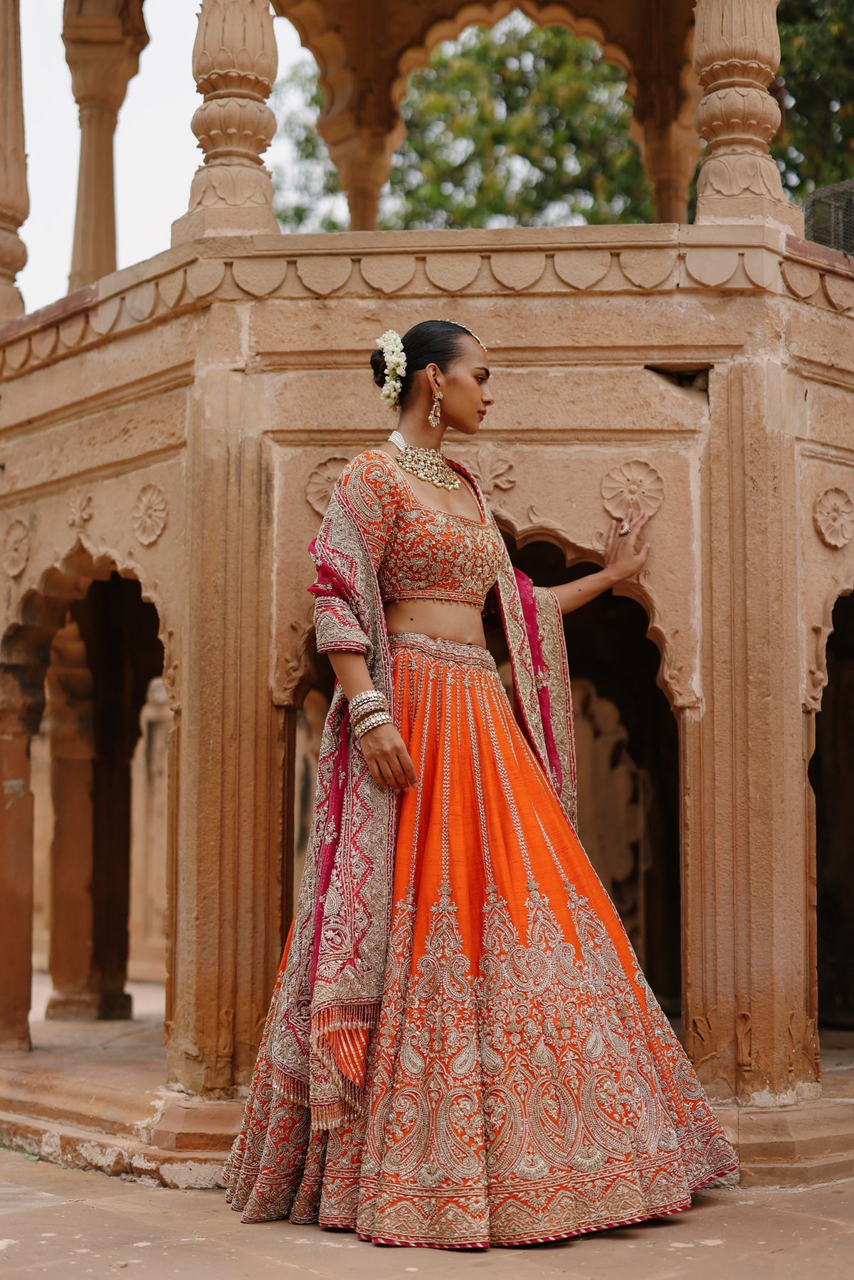 Rakul Preet Singh In Nagma  - Orange Lehenga Set with Blouse & Rani Hot Pink Dupatta