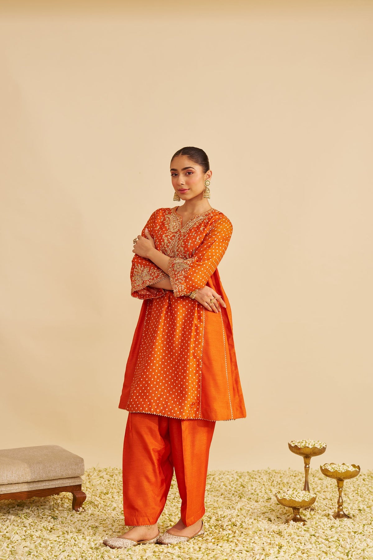 KAYRA - ORANGE SHORT GATHERED CHAUGA WITH SALWAR (LXRTS)