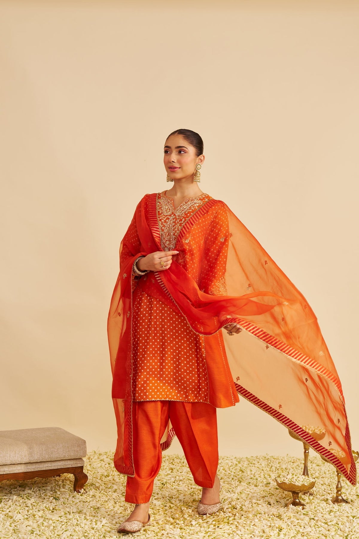 KAYRA - ORANGE SHORT GATHERED CHAUGA WITH SALWAR (LXRTS)