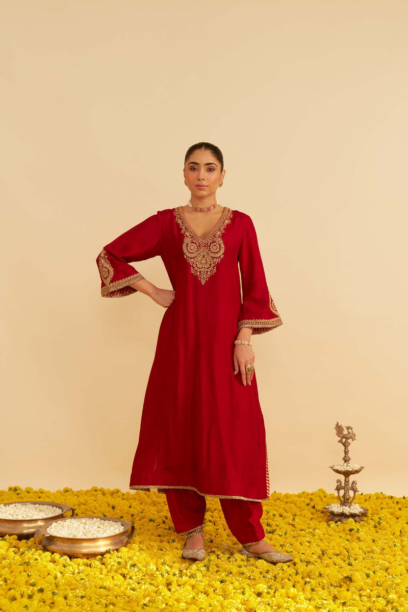 HAAYAT - DEEP RED LONG KAFTAN WITH SALWAR