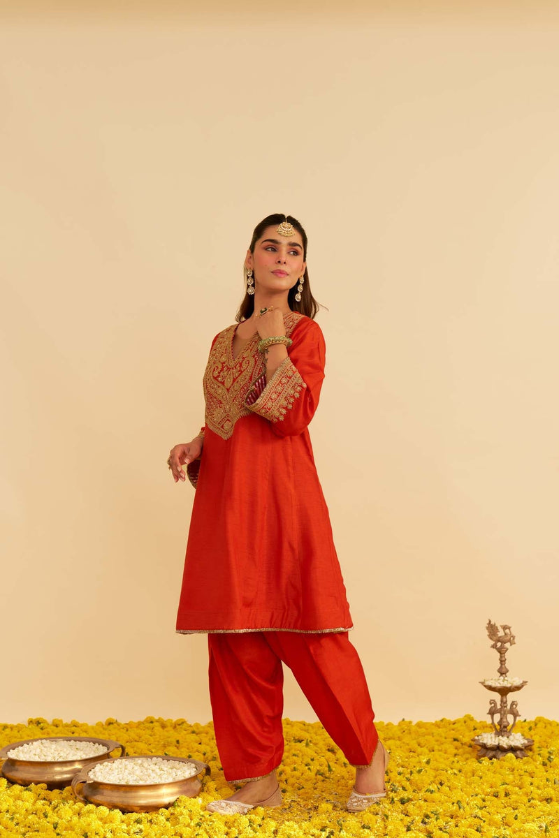 MEHZA - BURNT ORANGE SHORT CHAUGA WITH SALWAR (Lxrts)