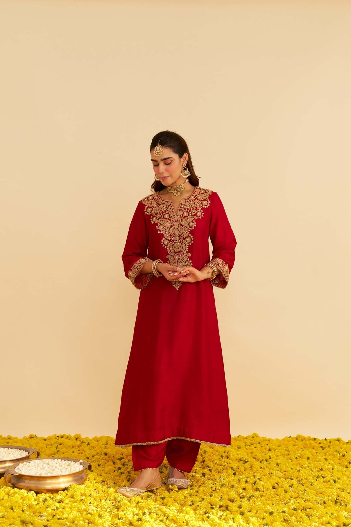 HIBA - DEEP RED LONG KAFTAN WITH SALWAR AND DUPATTA