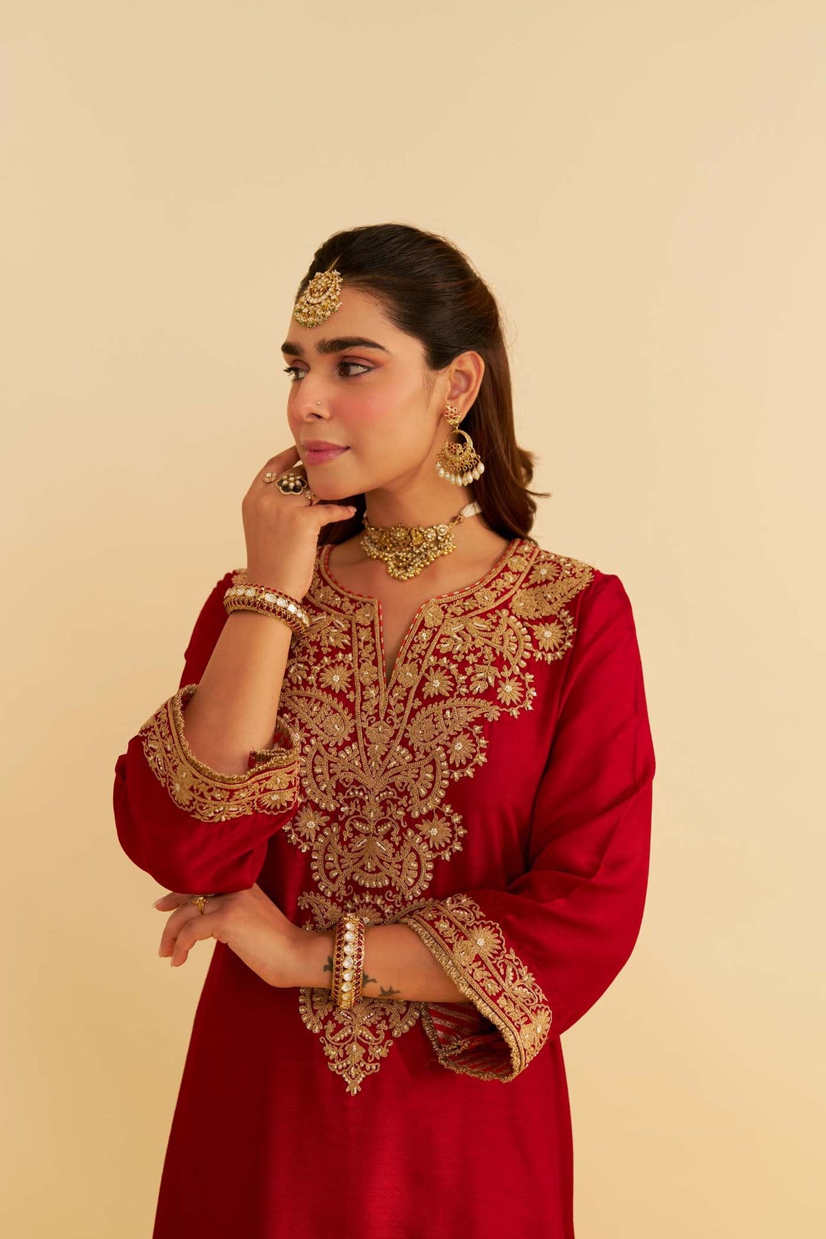 HIBA - DEEP RED LONG KAFTAN WITH SALWAR AND DUPATTA