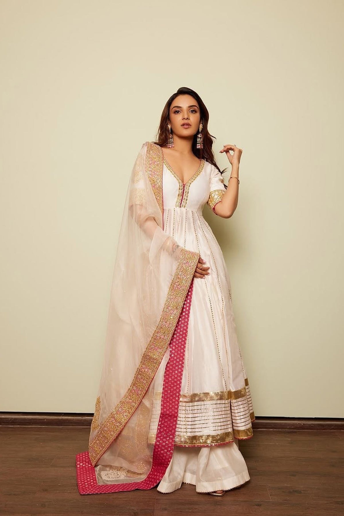 Jasmin Bhasin In Shaiz - Daisy Ivory Hand Embroidered Anarkali with Skirt and Dupatta