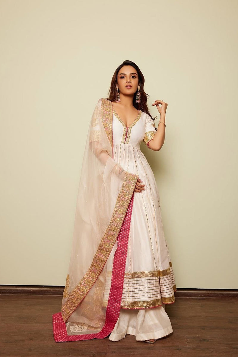 Jasmin Bhasin In Shaiz - Daisy Ivory Hand Embroidered Anarkali with Skirt and Dupatta