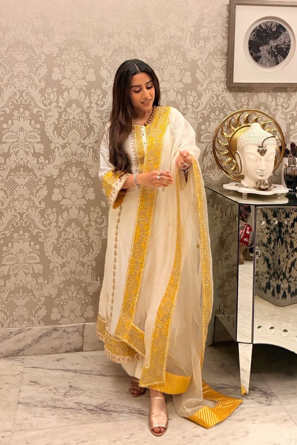 Upasana Ghai In Asmira - Daisy Ivory Long Kurta with Palazzo & Dupatta