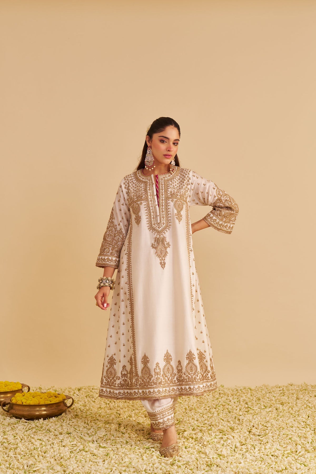 Zoya - Dabka Zardozi Embroidered Rich Banarasi Kalidaar Daisy Ivory Long Chauga Set (LXRTS)