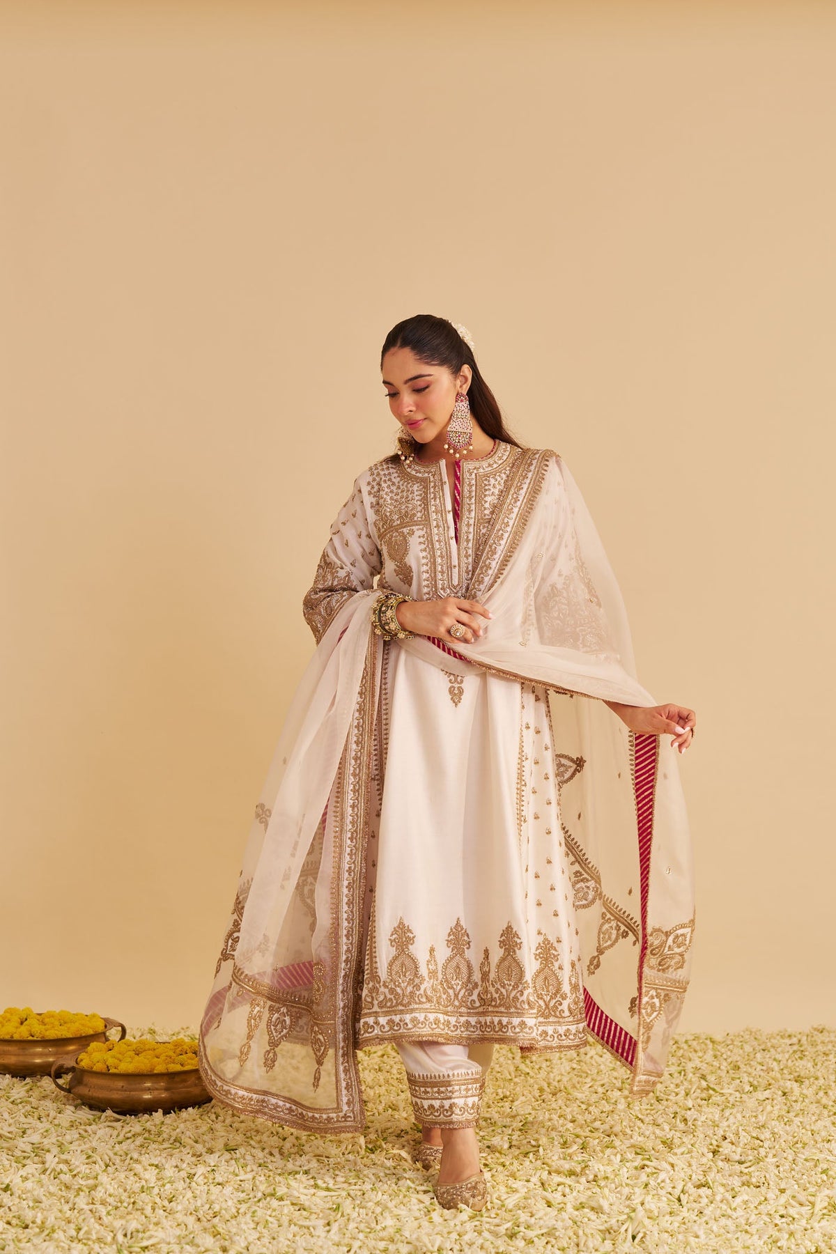 Zoya - Dabka Zardozi Embroidered Rich Banarasi Kalidaar Daisy Ivory Long Chauga Set (LXRTS)