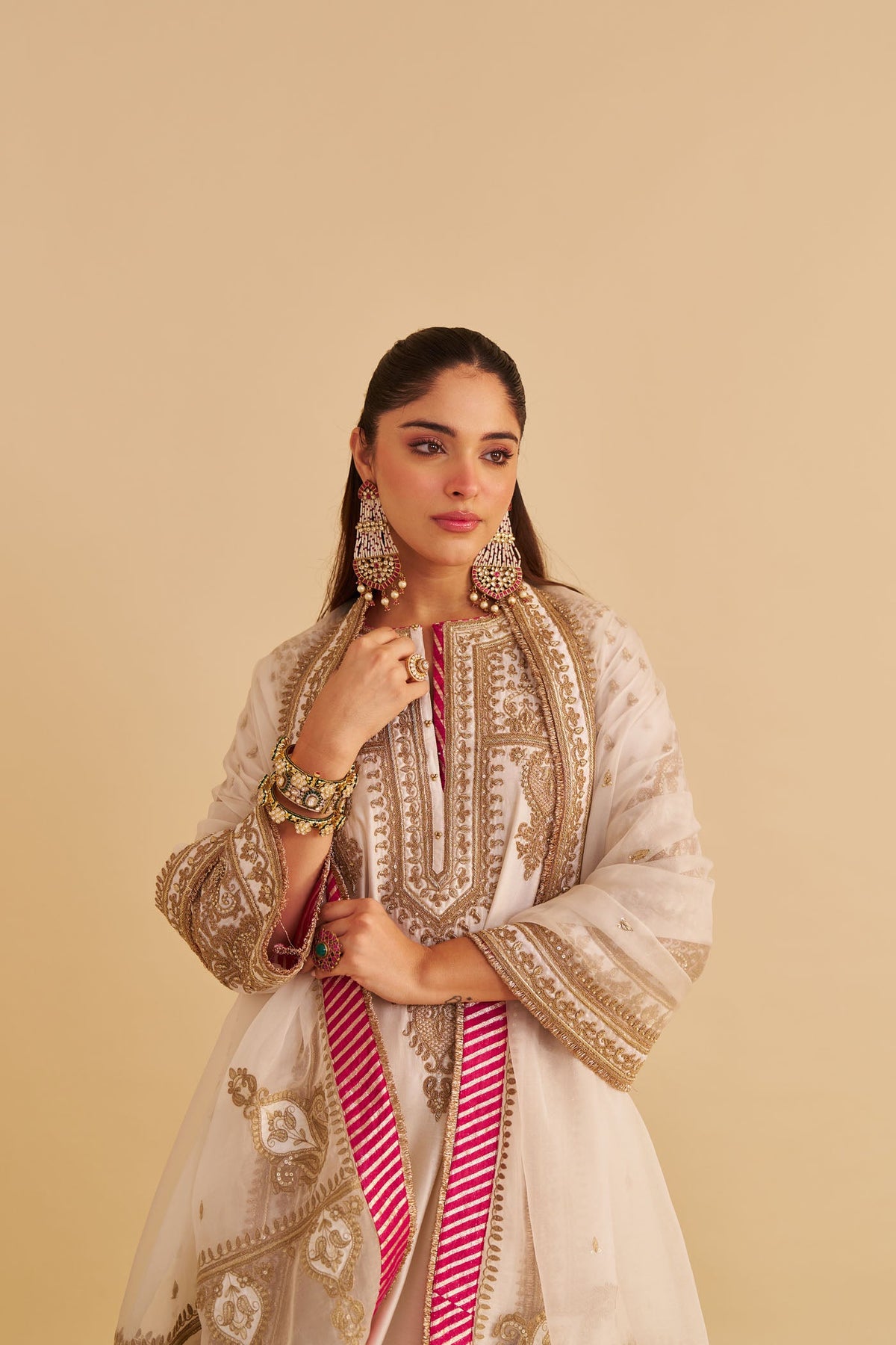 Zoya - Dabka Zardozi Embroidered Rich Banarasi Kalidaar Daisy Ivory Long Chauga Set (LXRTS)