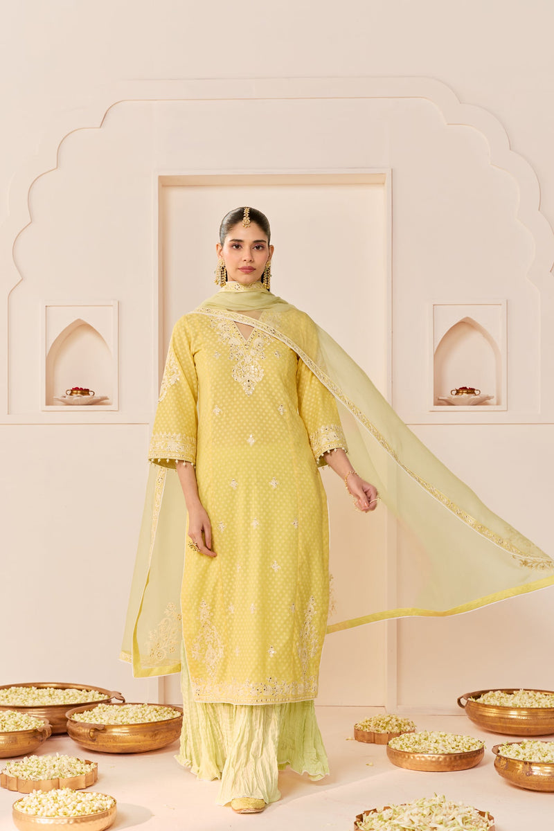 RUHANI - LEMON YELLOW Long kurta with Skirt and Dupatta (LXRTS)